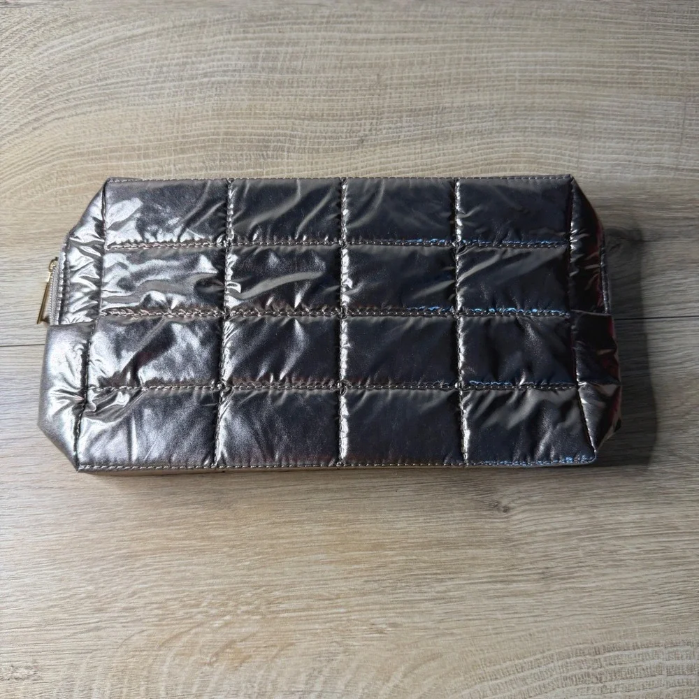 Sephora Metallic Bronze Pewter Quilted Puffer Makeup Bag Travel Case Organizer‎